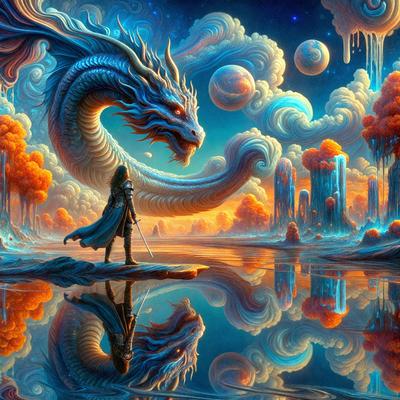 Primary subject: A person standing in front of a dragon.

Setting/background: The person is standing in front of a dragon, and there are trees in the background. The scene is set in a fantasy world with a blue sky.

Visual style: The image is a digital art illustration.

Colors and mood: The image has a vibrant and colorful atmosphere, with a mix of blue, orange, and green hues. The mood is fantastical and imaginative